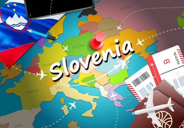 Eslovenia Mapa Concepto Viaje Fondo Con Aviones Billetes Visita Eslovenia — Foto de Stock