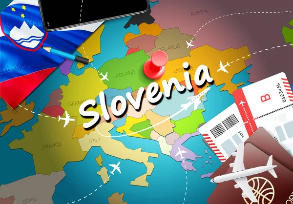 Slovenya seyahat kavramı harita arka plan ile uçak biletleri. Slovenya seyahat ve Turizm hedef kavramı ziyaret edin. Harita Slovenya bayrağı. Uçak ve Ljubljana'ya, Maribo Sloven tatil için uçuşlar