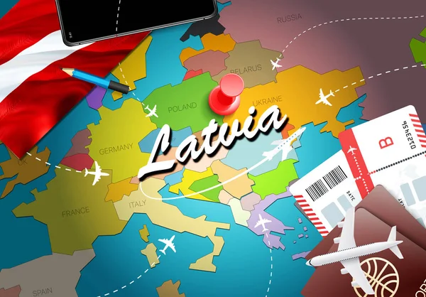 Letonia Mapa Concepto Viaje Fondo Con Aviones Billetes Visita Letonia — Foto de Stock