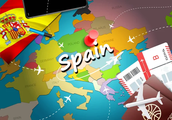 Espanha Viagem Conceito Mapa Fundo Com Aviões Bilhetes Visite Espanha — Fotografia de Stock