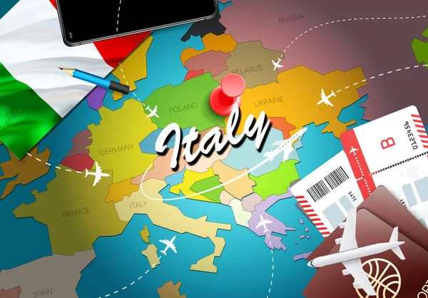 Italy travel concept map background with planes, tickets. Visit Italy travel and tourism destination concept. Italy flag on map. Planes and flights to Italian holidays to Rome,Mila