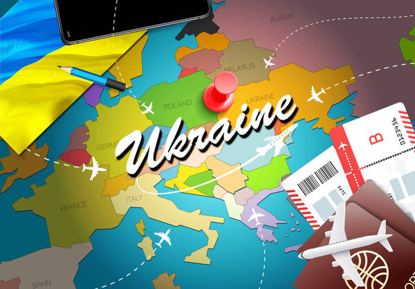 Ukraine travel concept map background with planes,tickets. Visit Ukraine travel and tourism destination concept. Ukraine flag on map. Planes and flights to Ukrainian holidays to Kiev,Odess