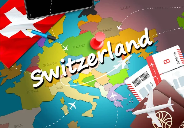Switzerland travel concept map background with planes,tickets. Visit Switzerland travel and tourism destination concept. Switzerland flag on map. Planes and flights to Swiss holidays to Zurich,Genev