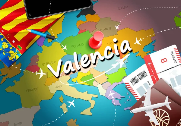 Valencia Mapa Conceito Viagem Fundo Com Aviões Bilhetes Visite Valencia — Fotografia de Stock