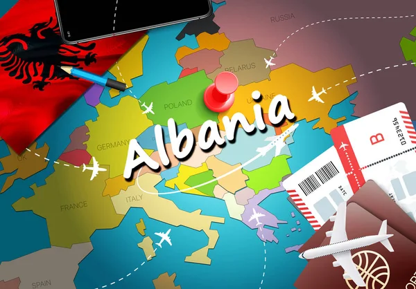 Albania Mapa Concepto Viaje Fondo Con Aviones Billetes Visite Albania — Foto de Stock