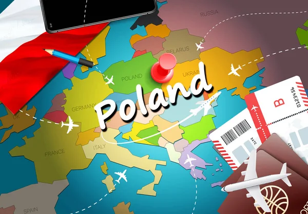 Polonia Mapa Concepto Viaje Fondo Con Aviones Billetes Visite Polonia — Foto de Stock