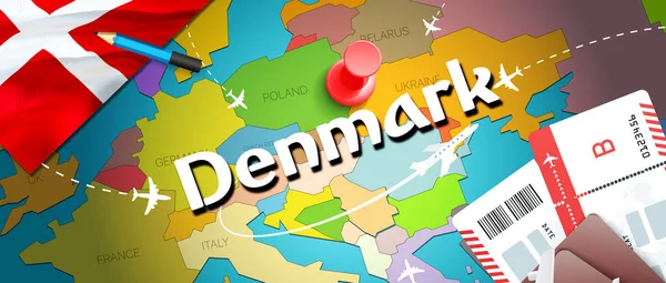 Cestování Dánsko Koncept Pozadí Mapy Letadly Lístky Návštěva Dánska Cestování — Stock fotografie
