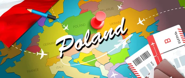 Polonya seyahat kavramı harita arka plan ile uçak biletleri. Polonya seyahat ve Turizm hedef kavramı ziyaret edin. Harita Polonya bayrağı. Uçak ve Varşova, Kazimierz için Lehçe tatil için uçuşlar