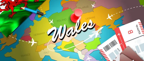 Wales travel concept map background with planes,tickets. Visit Wales travel and tourism destination concept. Wales flag on map. Planes and flights to Welsh holidays to Cardiff,Swanse