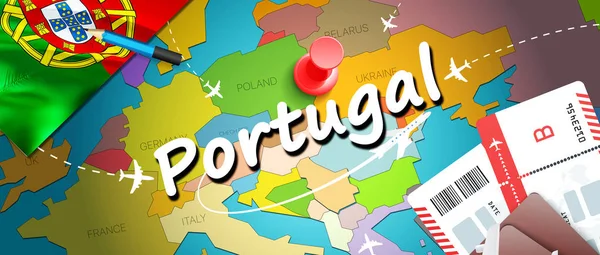 Portugal travel concept map background with planes,tickets. Visit Portugal travel and tourism destination concept. Portugal flag on map. Planes and flights to Portuguese holidays to Lisbon,Port