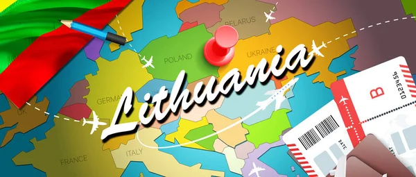 Litvanya seyahat kavramı harita arka plan ile uçak biletleri. Litvanya seyahat ve Turizm hedef kavramı ziyaret edin. Litvanya bayrağı harita üzerinde. Uçak ve Vilnius, Kauna için Litvanya tatil için uçuşlar