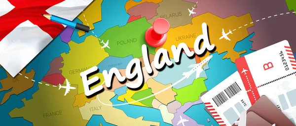 England travel concept map background with planes, tickets. Visit England travel and tourism destination concept. England flag on map. Planes and flights to English holidays to English,Liverpoo