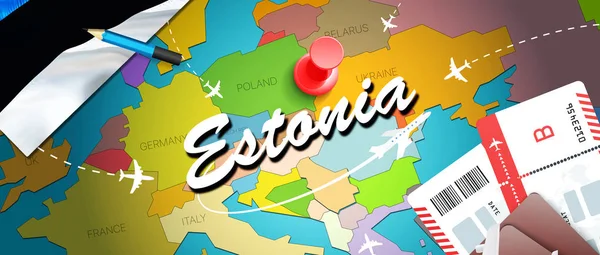 Estonia Mapa Concepto Viaje Fondo Con Aviones Billetes Visite Estonia — Foto de Stock