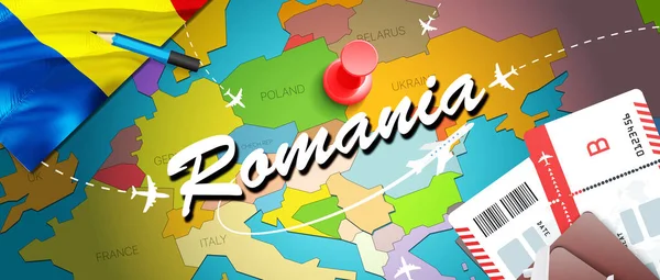 Romanya seyahat kavramı harita arka plan ile uçak biletleri. Romanya seyahat ve Turizm hedef kavramı ziyaret edin. Harita Romanya bayrağı. Uçak ve Bükreş, Timisoar için Romanya tatil için uçuşlar