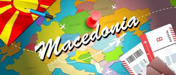 Makedonya seyahat kavramı harita arka plan ile uçak biletleri. Makedonya seyahat ve Turizm hedef kavramı ziyaret edin. Makedonya bayrak harita üzerinde. Uçak ve Üsküp, Ohri için Makedon tatil için uçuşlar