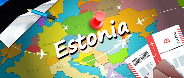 Estonya seyahat kavramı harita arka plan ile uçak biletleri. Estonya seyahat ve Turizm hedef kavramı ziyaret edin. Estonya bayrağı harita üzerinde. Uçak ve Tallinn, Tart için Estonya tatil için uçuşlar