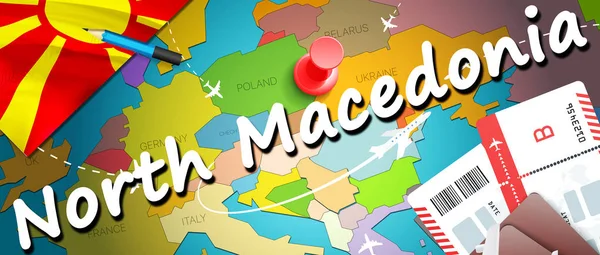 Kuzey Makedonya kavramı harita arka plan uçak biletleri ile seyahat. Kuzey Makedonya seyahat ve Turizm hedef kavramı ziyaret edin. Makedon bayrak harita üzerinde. Uçak ve Üsküp, Ohri için uçuşlar