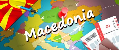 Makedonya seyahat kavramı harita arka plan ile uçak biletleri. Makedonya seyahat ve Turizm hedef kavramı ziyaret edin. Makedonya bayrak harita üzerinde. Uçak ve Üsküp, Ohri için Makedon tatil için uçuşlar