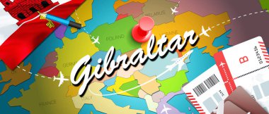Gibraltar seyahat kavramı harita arka plan ile uçak biletleri. Gibraltar seyahat ve Turizm hedef kavramı ziyaret edin. Gibraltar bayrak harita üzerinde. Uçak ve uçuşlar 