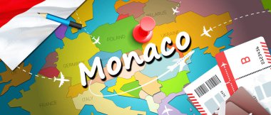 Monaco seyahat kavramı harita arka plan ile uçak biletleri. Monaco seyahat ve Turizm hedef kavramı ziyaret edin. Monaco bayrağı harita üzerinde. Uçak ve Valletta, Cottoner için Monacan tatil için uçuşlar