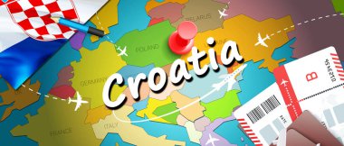 Hırvatistan seyahat kavramı harita arka plan ile uçak biletleri. Hırvatistan seyahat ve Turizm hedef kavramı ziyaret edin. Hırvatistan bayrağı harita üzerinde. Uçak ve Zagreb, bölünmüş için Hırvat tatil için uçuşlar