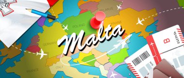 Malta seyahat kavramı harita arka plan ile uçak biletleri. Malta seyahat ve Turizm hedef kavramı ziyaret edin. Malta bayrak harita üzerinde. Uçak ve Valletta, Cottoner için Malta tatilleri için uçuşlar