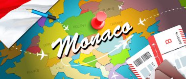Monaco seyahat kavramı harita arka plan ile uçak biletleri. Monaco seyahat ve Turizm hedef kavramı ziyaret edin. Monaco bayrağı harita üzerinde. Uçak ve Valletta, Cottoner için Monacan tatil için uçuşlar