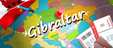Gibraltar seyahat kavramı harita arka plan ile uçak biletleri. Gibraltar seyahat ve Turizm hedef kavramı ziyaret edin. Gibraltar bayrak harita üzerinde. Uçak ve uçuşlar 