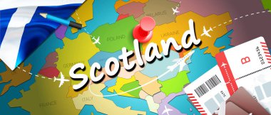 İskoçya Seyahat kavramı harita arka plan ile uçak biletleri. İskoçya seyahat ve Turizm hedef kavramı ziyaret edin. İskoçya bayrak harita üzerinde. Uçak ve Glasgow, Edinburg İskoç tatil için uçuşlar