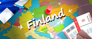 Finlandiya Seyahat kavramı harita arka plan ile uçak biletleri. Finlandiya Seyahat ve Turizm hedef kavramı ziyaret edin. Finlandiya bayrak harita üzerinde. Uçak ve Helsinki, Vanta için Fin tatil için uçuşlar