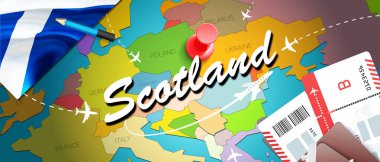İskoçya Seyahat kavramı harita arka plan ile uçak biletleri. İskoçya seyahat ve Turizm hedef kavramı ziyaret edin. İskoçya bayrak harita üzerinde. Uçak ve Glasgow, Edinburg İskoç tatil için uçuşlar