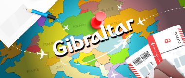 Gibraltar seyahat kavramı harita arka plan ile uçak biletleri. Gibraltar seyahat ve Turizm hedef kavramı ziyaret edin. Gibraltar bayrak harita üzerinde. Uçak ve uçuşlar 