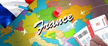 Fransa seyahat kavramı harita arka plan ile uçak biletleri. Fransa seyahat ve Turizm hedef kavramı ziyaret edin. Fransa bayrağı harita üzerinde. Uçak ve Paris, Marseill Fransız tatil için uçuşlar