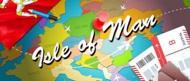 Isle of Man kavramı harita arka plan uçak biletleri ile seyahat. Man Adası seyahat ve Turizm hedef kavramı ziyaret edin. Isle of Man bayrak harita üzerinde. Uçak ve Castletown, Ramse Douglas tatil için uçuşlar