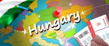Macaristan seyahat kavramı harita arka plan ile uçak biletleri. Macaristan seyahat ve Turizm hedef kavramı ziyaret edin. Macaristan bayrak harita üzerinde. Uçak ve Budapeşte, Debrece Macar tatil için uçuşlar
