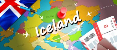 İzlanda seyahat kavramı harita arka plan ile uçak biletleri. İzlanda seyahat ve Turizm hedef kavramı ziyaret edin. Haritada İzlanda bayrağı. Uçak ve Reykjavik, Kopavogu için İzlanda tatil için uçuşlar