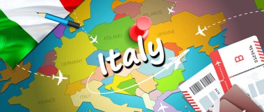 İtalya seyahat kavramı harita arka plan ile uçak biletleri. İtalya seyahat ve Turizm hedef kavramı ziyaret edin. Harita İtalya bayrağı. Uçak ve Roma'ya, Mila İtalyan tatilleri için uçuşlar