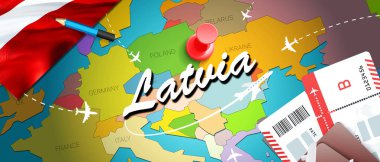 Letonya seyahat kavramı harita arka plan ile uçak biletleri. Letonya seyahat ve Turizm hedef kavramı ziyaret edin. Letonya bayrağı harita üzerinde. Uçak ve Riga, Jurmal için Letonya tatil için uçuşlar