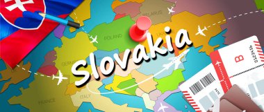 Slovakya seyahat kavramı harita arka plan ile uçak biletleri. Slovakya seyahat ve Turizm hedef kavramı ziyaret edin. Harita Slovakya bayrağı. Uçak ve Bratislava, Kosic için Slovak tatil için uçuşlar