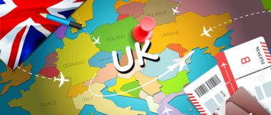 İngiltere'de seyahat kavramı harita arka plan ile uçak biletleri. İngiltere'de seyahat ve Turizm hedef kavramı ziyaret edin. İngiltere bayrak harita üzerinde. Uçak ve Londra, Glasgo İngiltere tatil için uçuşlar
