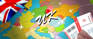 İngiltere'de seyahat kavramı harita arka plan ile uçak biletleri. İngiltere'de seyahat ve Turizm hedef kavramı ziyaret edin. İngiltere bayrak harita üzerinde. Uçak ve Londra, Glasgo İngiltere tatil için uçuşlar