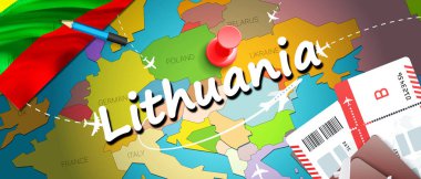 Litvanya seyahat kavramı harita arka plan ile uçak biletleri. Litvanya seyahat ve Turizm hedef kavramı ziyaret edin. Litvanya bayrağı harita üzerinde. Uçak ve Vilnius, Kauna için Litvanya tatil için uçuşlar