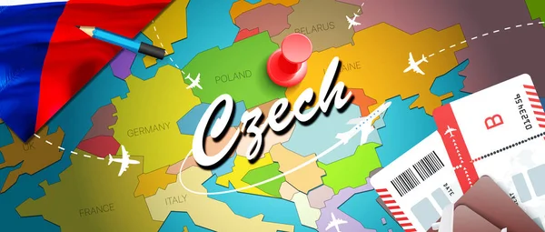 Czech travel concept map background with planes, tickets. Visit Czech travel and tourism destination concept. Czech flag on map. Planes and flights to Prague holidays to Karlovy Vary