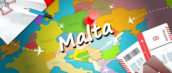 Malta seyahat kavramı harita arka plan ile uçak biletleri. Malta seyahat ve Turizm hedef kavramı ziyaret edin. Malta bayrak harita üzerinde. Uçak ve Valletta, Cottoner için Malta tatilleri için uçuşlar