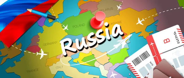 ロシア旅行は 飛行機 チケットでのマップの背景をコンセプト ロシア旅行と観光先のコンセプトをご覧ください マップ上のロシアのフラグです 飛行機と聖 Petersbur モスクワにロシアの祝日への航空券 — ストック写真