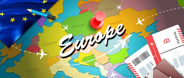 Europe travel concept map background with planes, tickets. Visit Europe travel and tourism destination concept. Europe flag on map. Planes and flights to European holidays to London,Berli