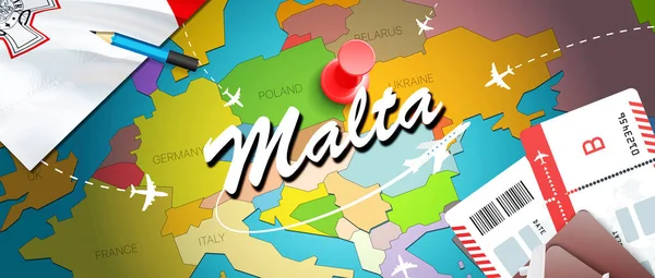 Malta seyahat kavramı harita arka plan ile uçak biletleri. Malta seyahat ve Turizm hedef kavramı ziyaret edin. Malta bayrak harita üzerinde. Uçak ve Valletta, Cottoner için Malta tatilleri için uçuşlar