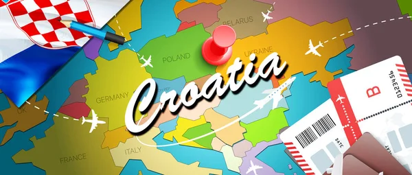 克罗地亚旅游概念图背景与飞机 参观克罗地亚旅游和旅游目的地的概念 地图上的克罗地亚国旗 飞往克罗地亚假期的飞机和航班 — 图库照片