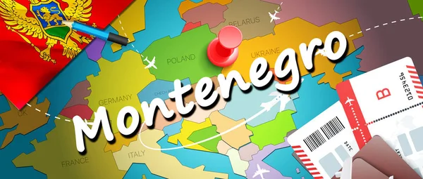 Karadağ seyahat kavramı harita arka plan ile uçak biletleri. Karadağ seyahat ve Turizm hedef kavramı ziyaret edin. Karadağ bayrak harita üzerinde. Uçak ve Podgorica, Budv Karadağ tatil için uçuşlar