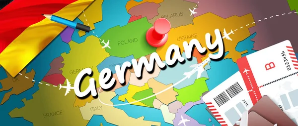 Germany travel concept map background with planes, tickets. Visit Germany travel and tourism destination concept. Germany flag on map. Planes and flights to German holidays to Berlin,Munic